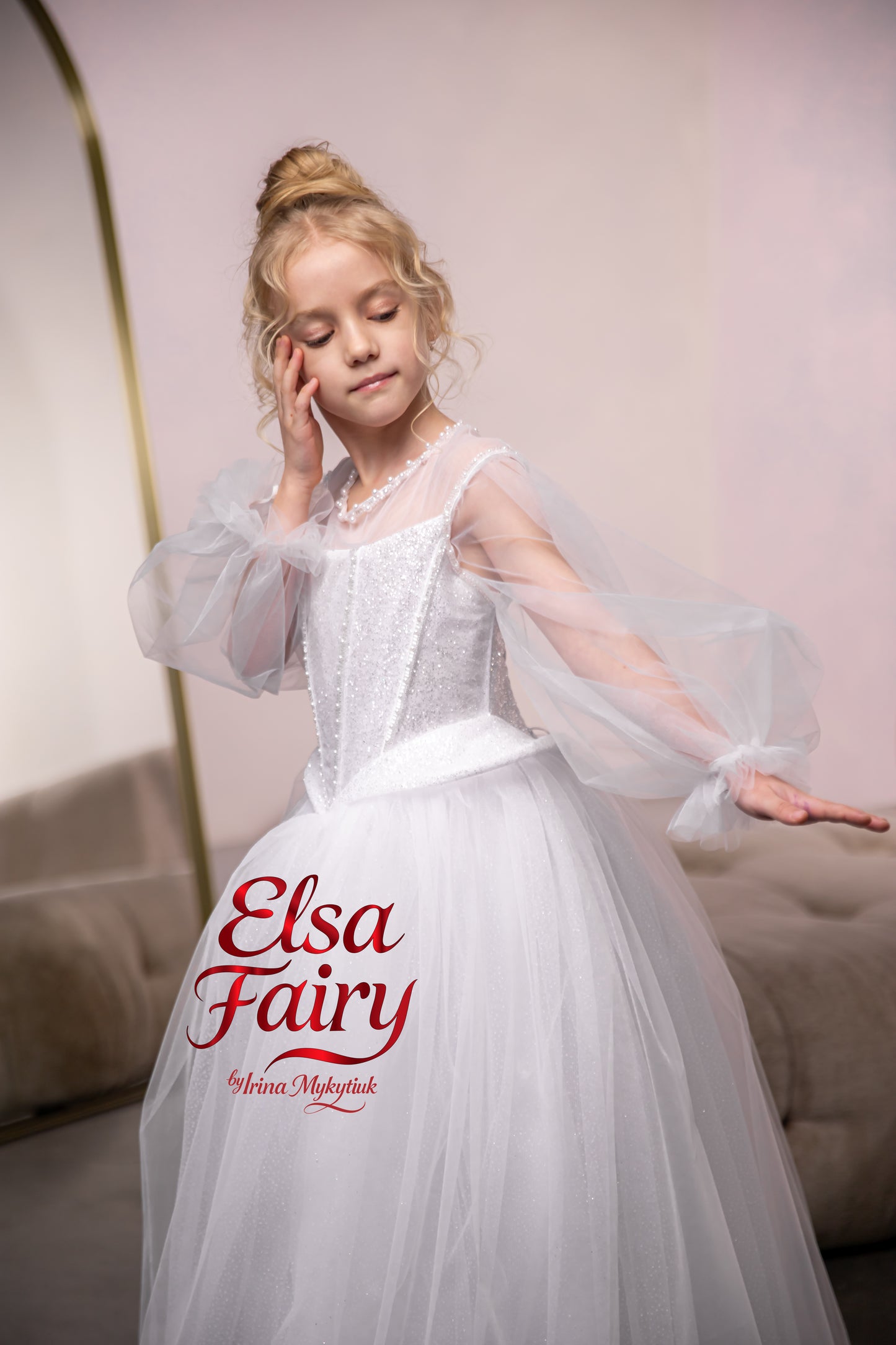 White First Communion Dress: Handmade Baptism Gown with tulle skirt and puffy sleeves