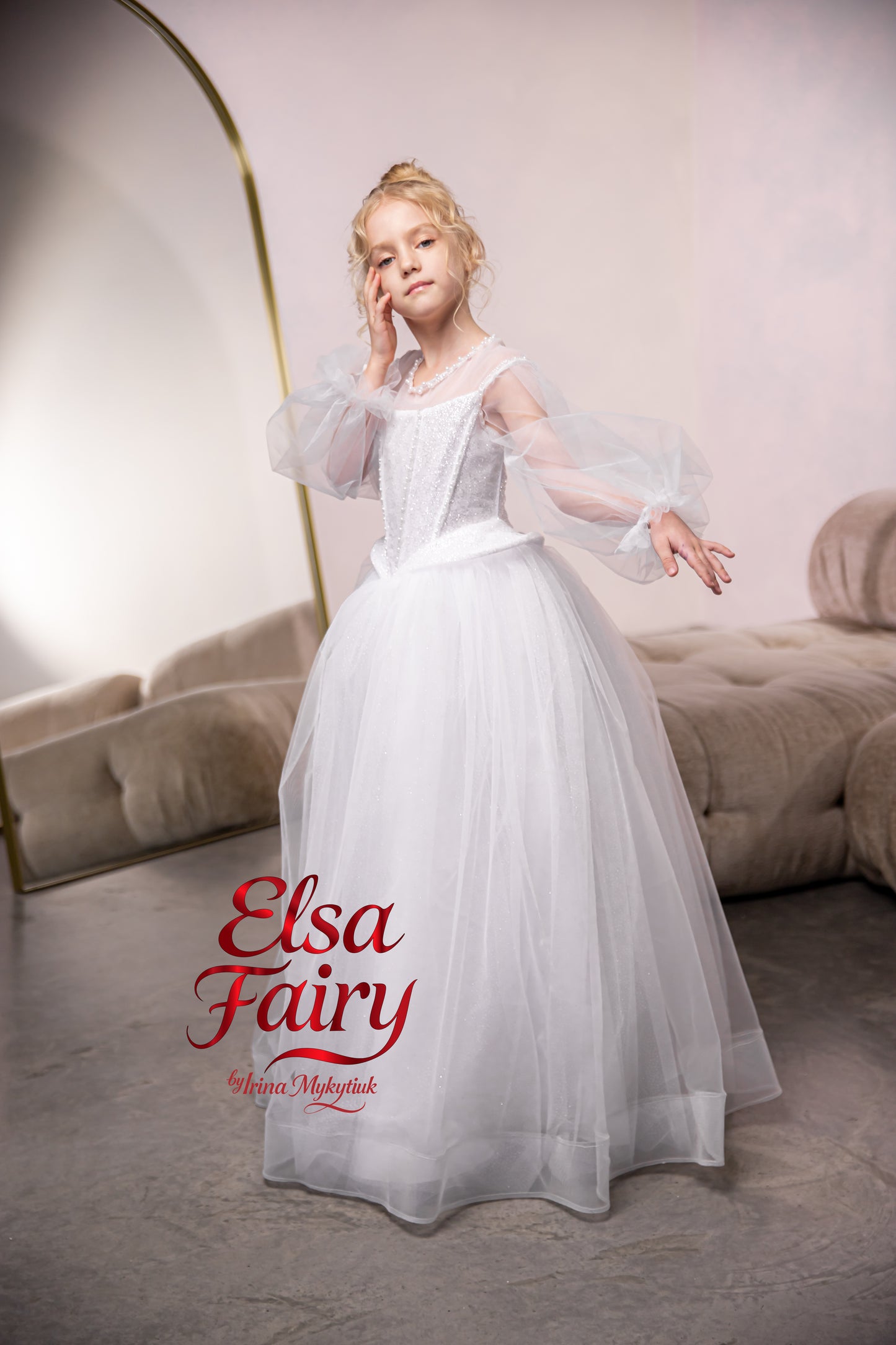 White First Communion Dress: Handmade Baptism Gown with tulle skirt and puffy sleeves