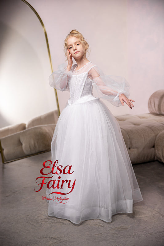 White First Communion Dress: Handmade Baptism Gown with tulle skirt and puffy sleeves