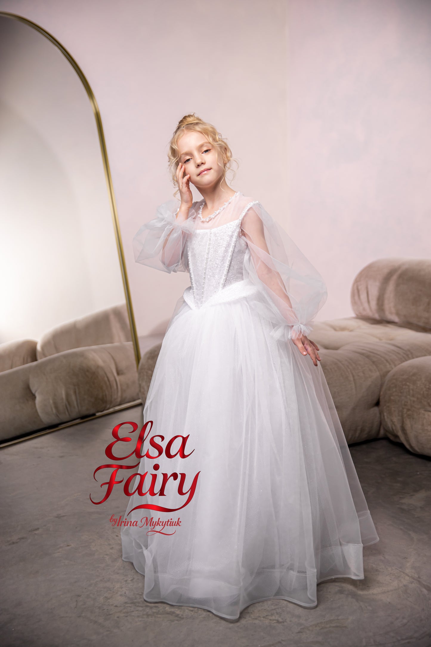 White First Communion Dress: Handmade Baptism Gown with tulle skirt and puffy sleeves