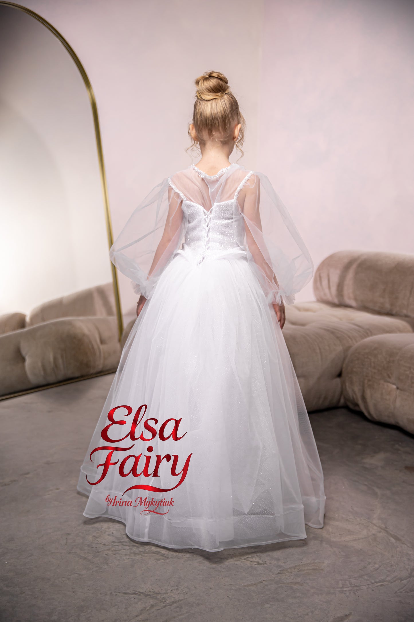 White First Communion Dress: Handmade Baptism Gown with tulle skirt and puffy sleeves
