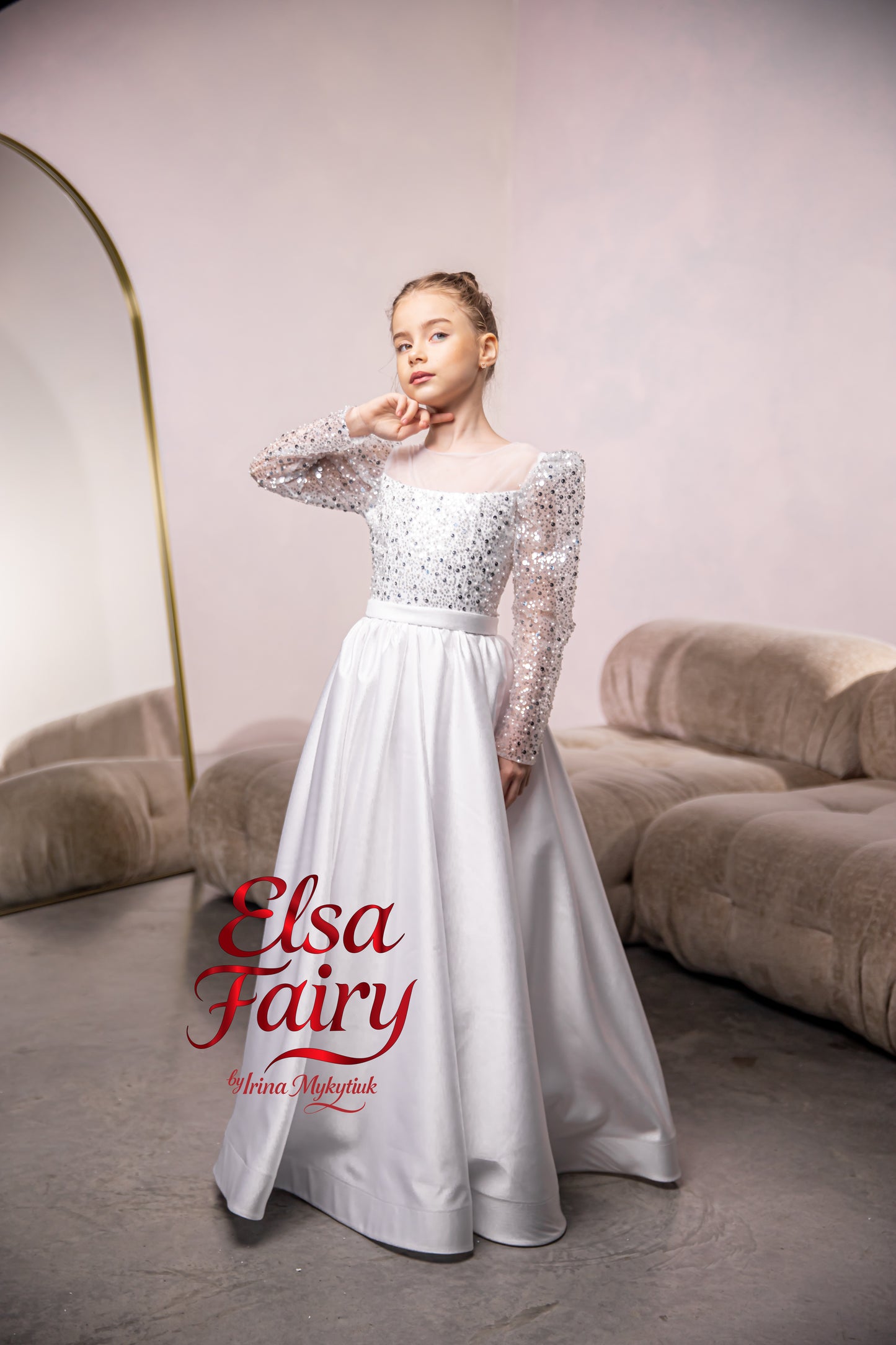 White First Communion Dress: Handmade Baptism Gown with tulle skirt and beaded sleeves