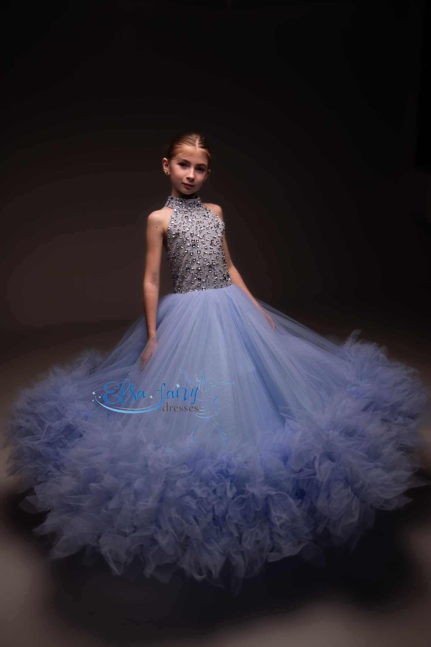Blue pageant girl dress with beaded bodice, flower girl dress, long formal wear, tulle dress, birthday ball gown