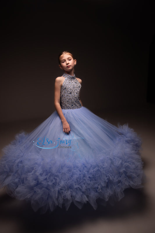 Blue pageant girl dress with beaded bodice, flower girl dress, long formal wear, tulle dress, birthday ball gown