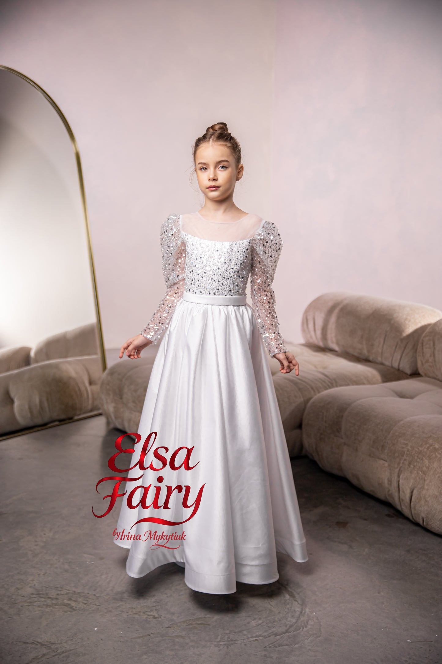 White First Communion Dress: Handmade Baptism Gown with tulle skirt and beaded sleeves