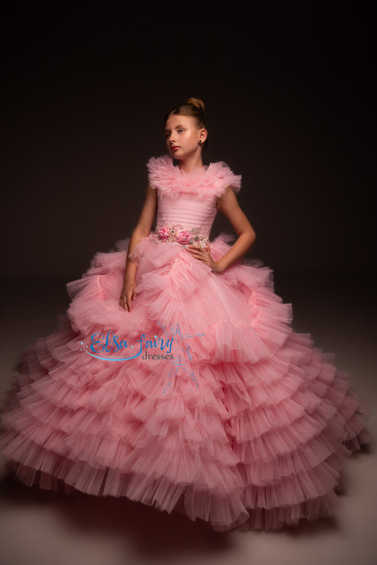 Pink Gala evening gown, Pageant ball gown, Birthday Girl Dress, Flower Girl Dress, Wedding guest Dress, Girl Birthday Dress, junior bridesmaid gown