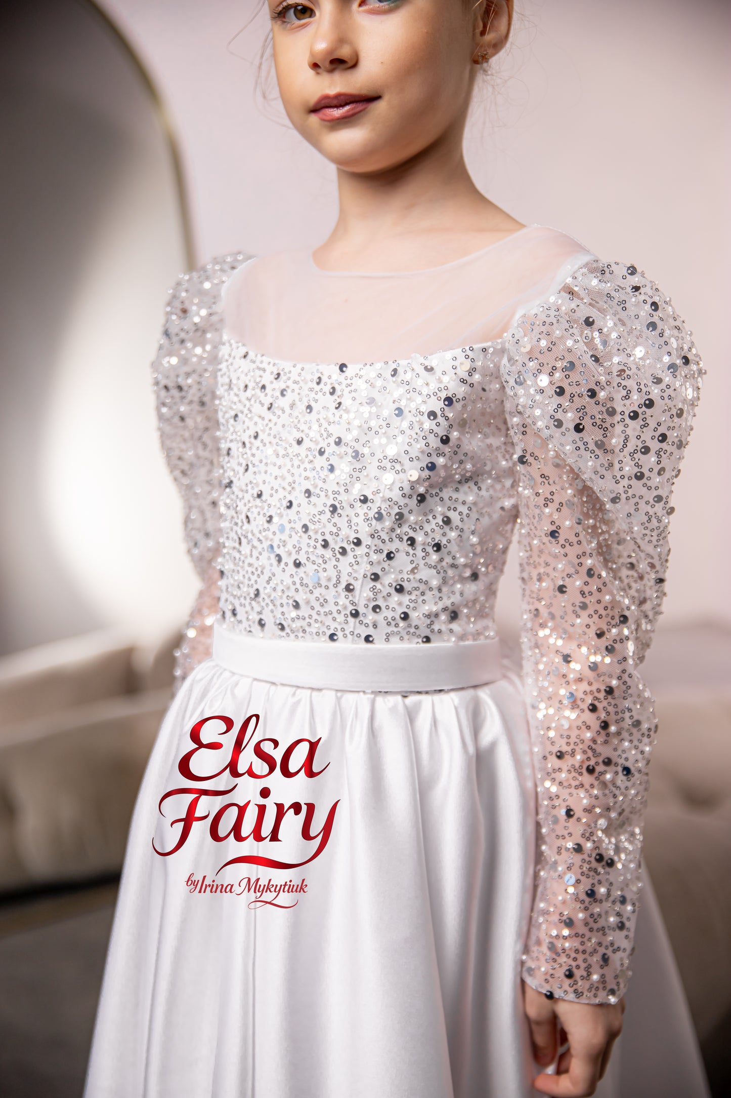White First Communion Dress: Handmade Baptism Gown with tulle skirt and beaded sleeves