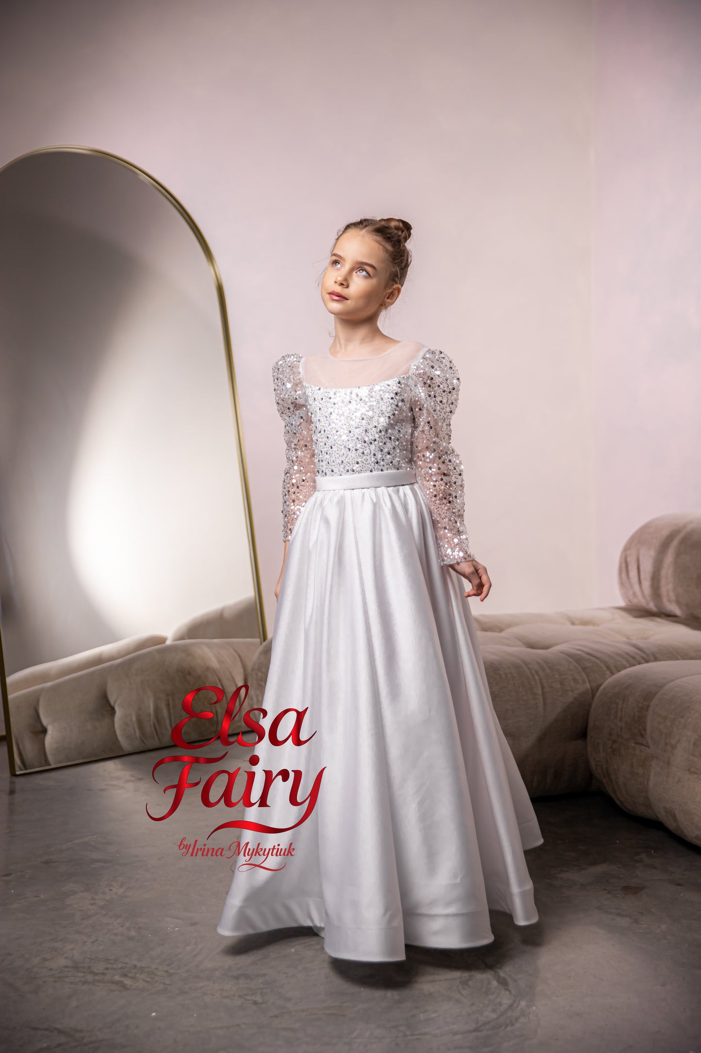 White First Communion Dress: Handmade Baptism Gown with tulle skirt and beaded sleeves