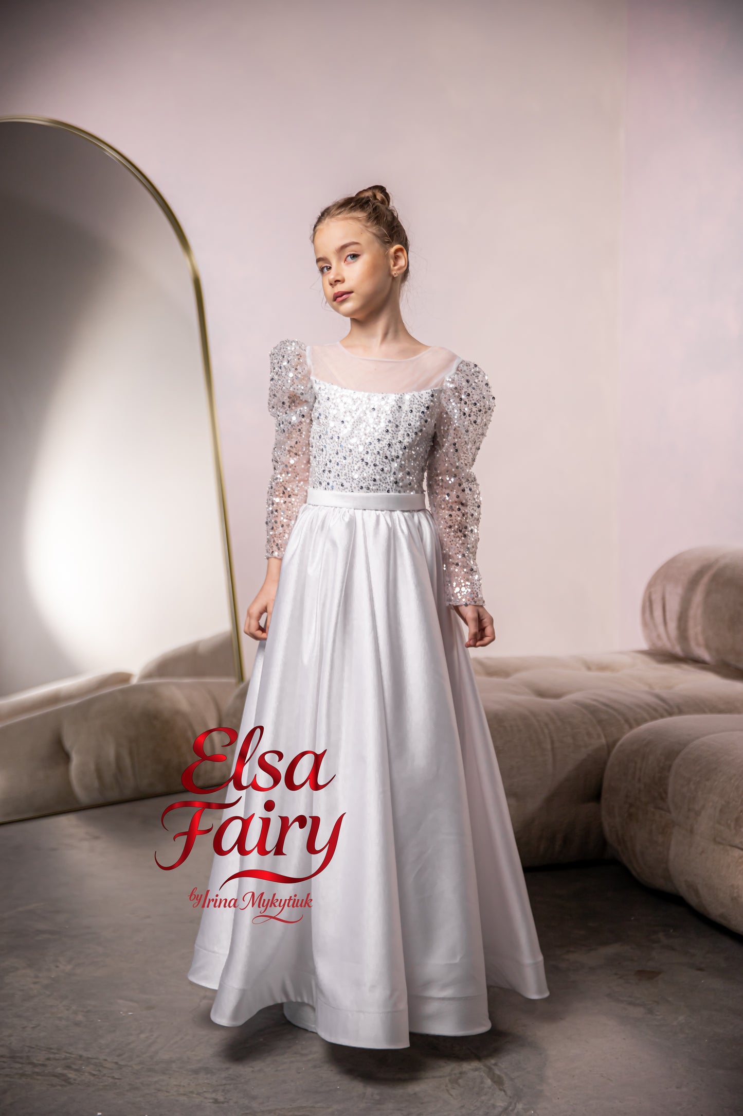 White First Communion Dress: Handmade Baptism Gown with tulle skirt and beaded sleeves