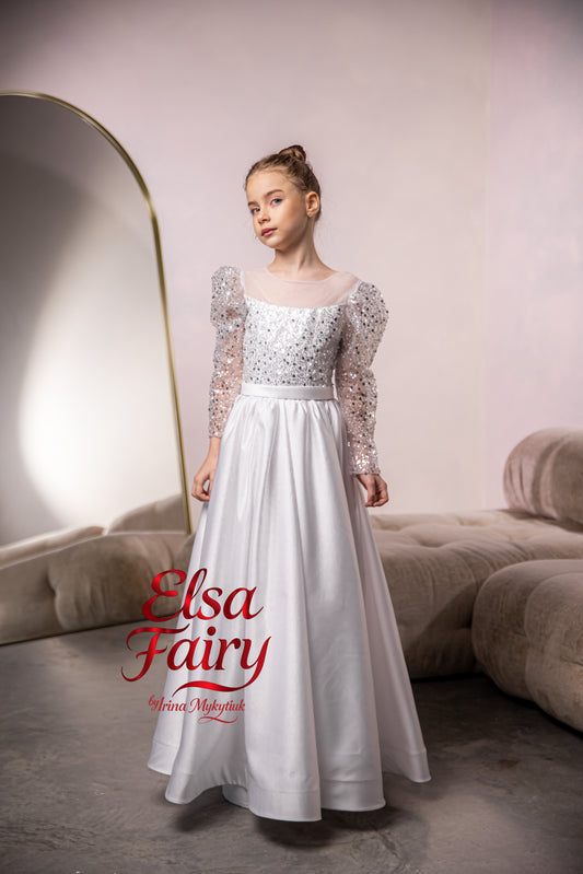White First Communion Dress: Handmade Baptism Gown with tulle skirt and beaded sleeves