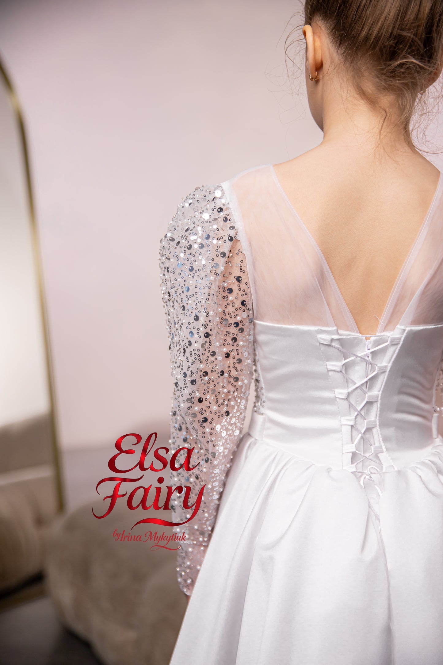 White First Communion Dress: Handmade Baptism Gown with tulle skirt and beaded sleeves