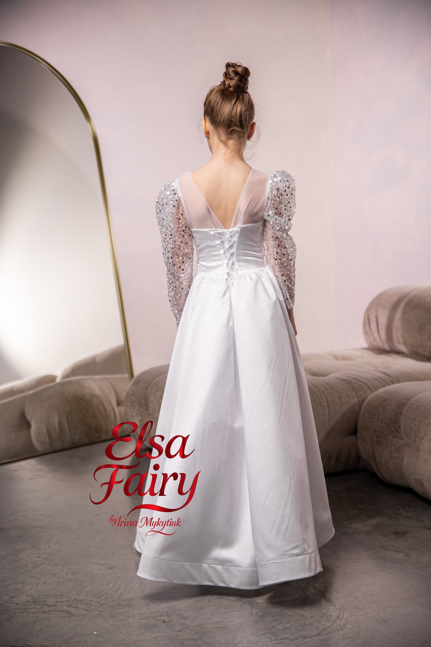 White First Communion Dress: Handmade Baptism Gown with tulle skirt and beaded sleeves
