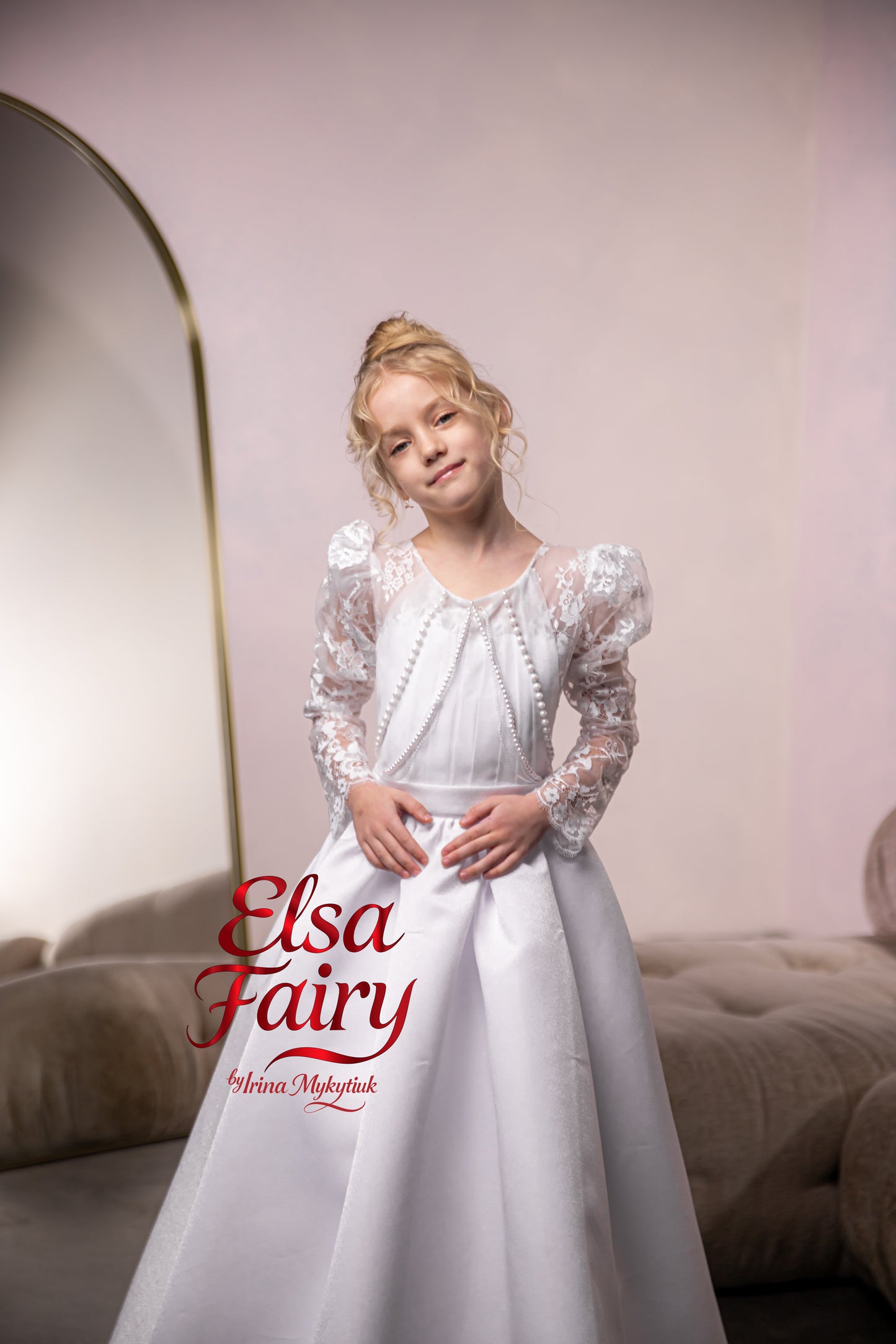 White Satin First Communion Dress: Handmade Baptism Gown with satin skirt and laced bodice
