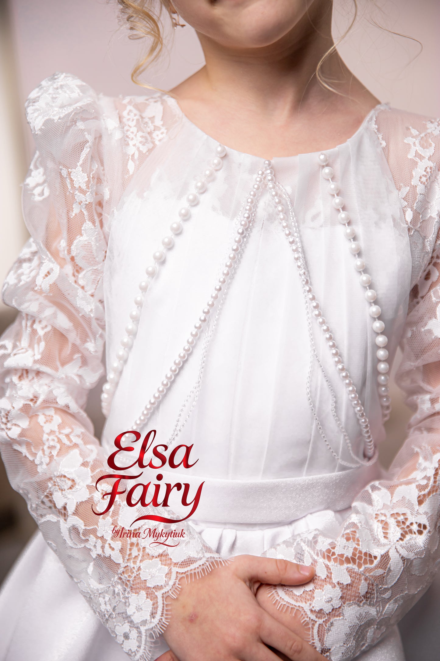 White Satin First Communion Dress: Handmade Baptism Gown with satin skirt and laced bodice