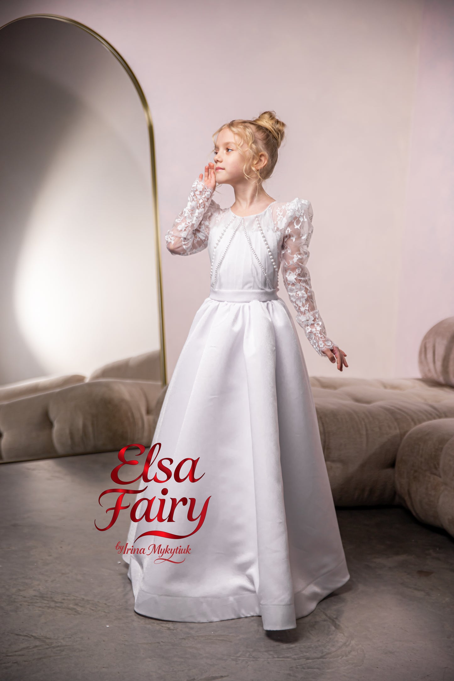 White Satin First Communion Dress: Handmade Baptism Gown with satin skirt and laced bodice