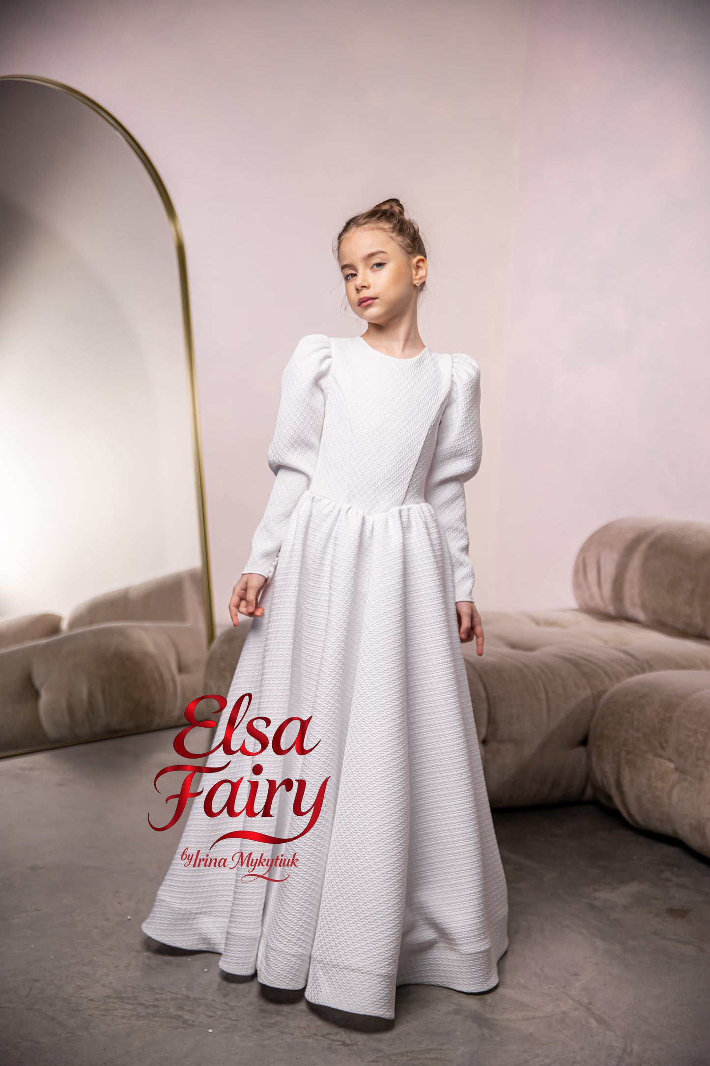 White First Communion Dress: Handmade Baptism Gown with tulle skirt and beaded sleeves