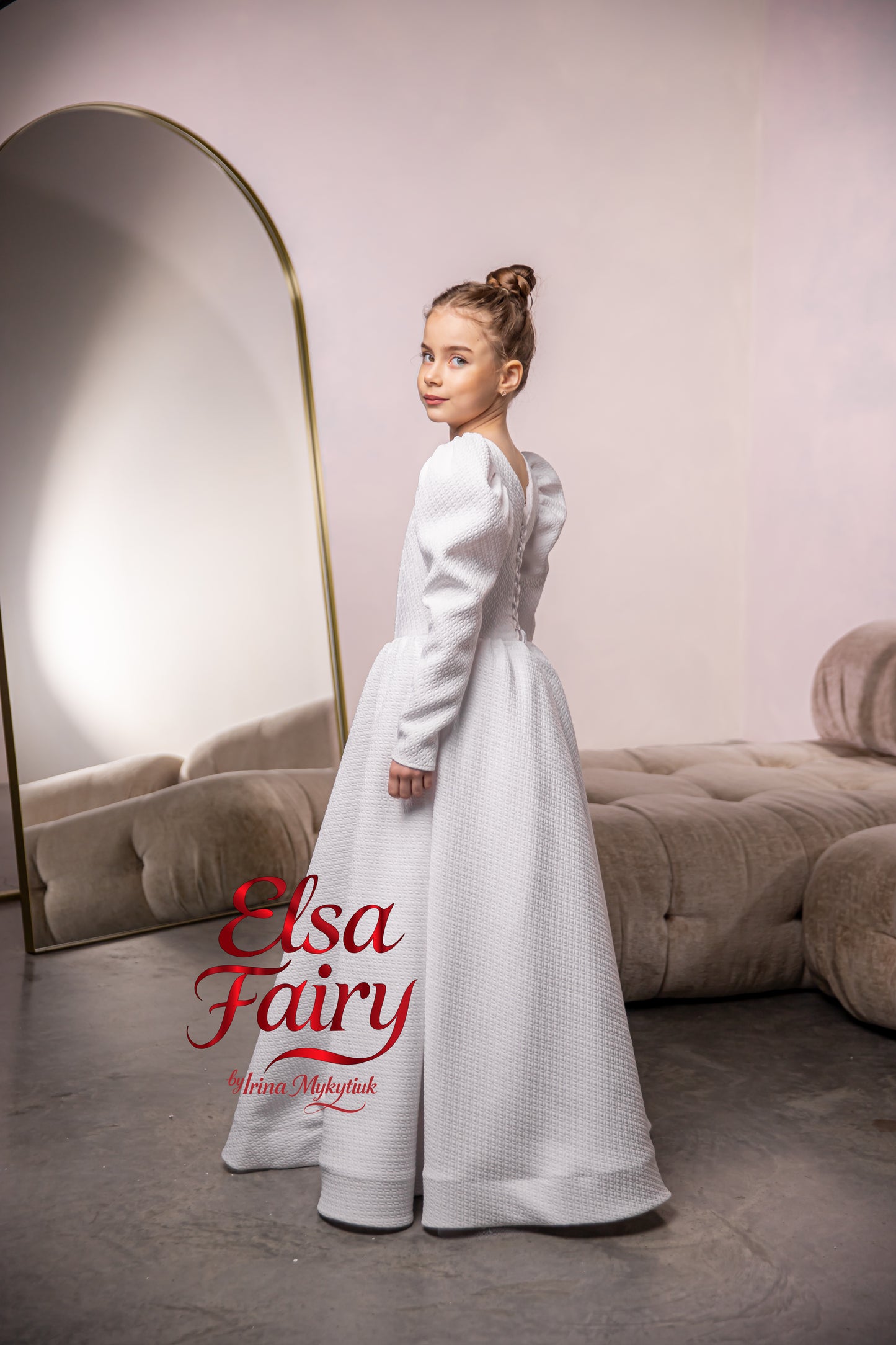 White First Communion Dress: Handmade Baptism Gown with tulle skirt and beaded sleeves