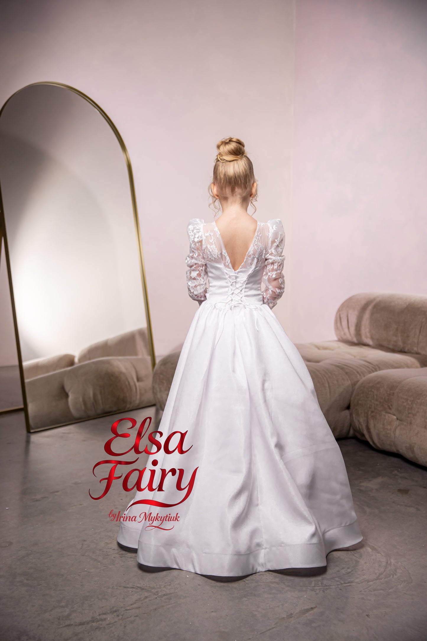 White Satin First Communion Dress: Handmade Baptism Gown with satin skirt and laced bodice