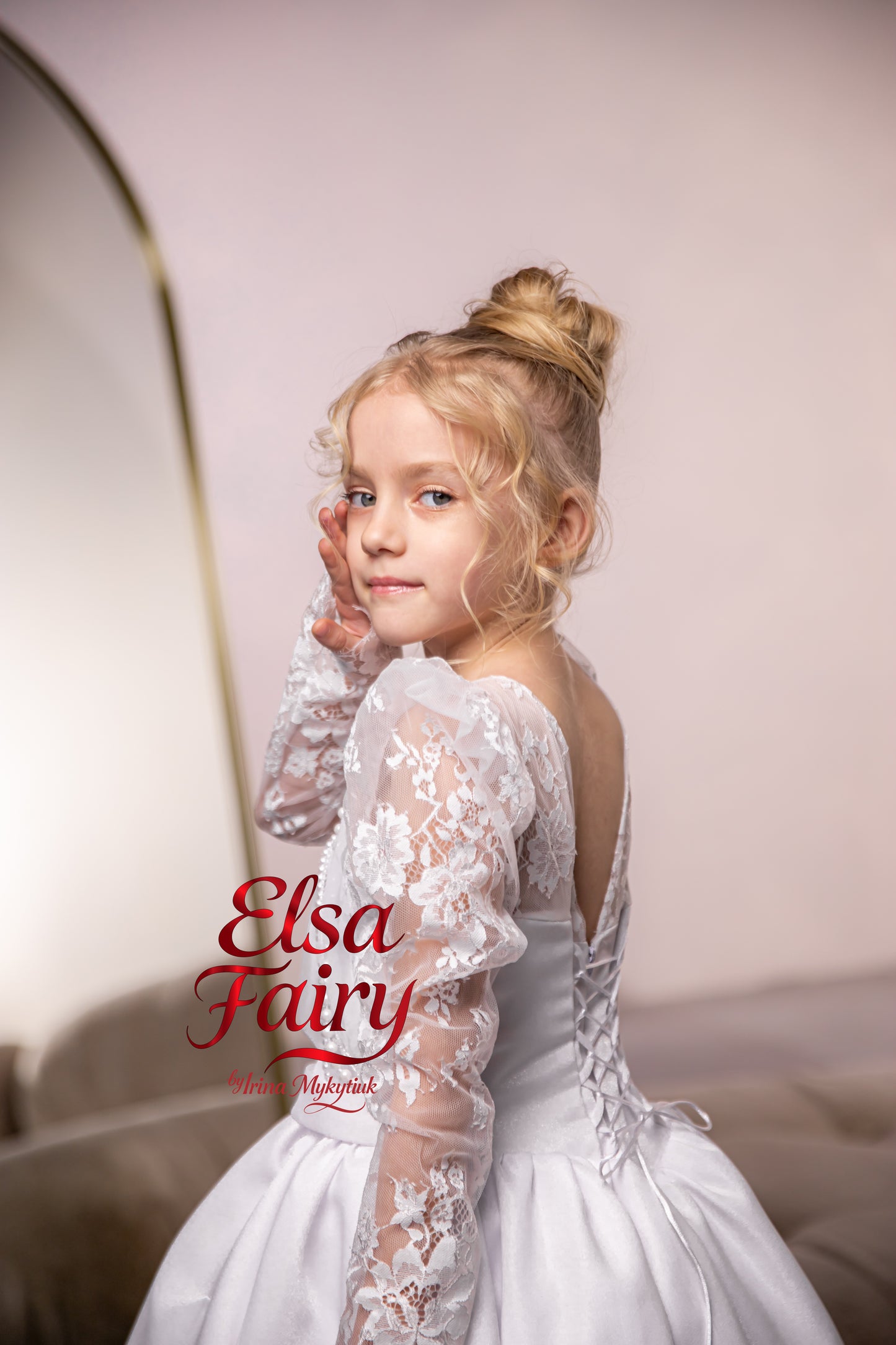 White Satin First Communion Dress: Handmade Baptism Gown with satin skirt and laced bodice