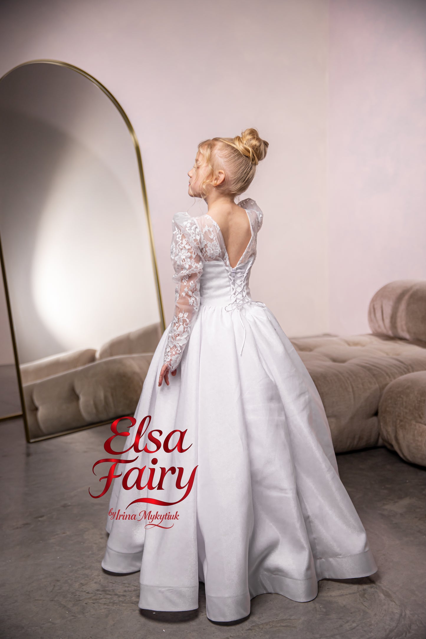 White Satin First Communion Dress: Handmade Baptism Gown with satin skirt and laced bodice
