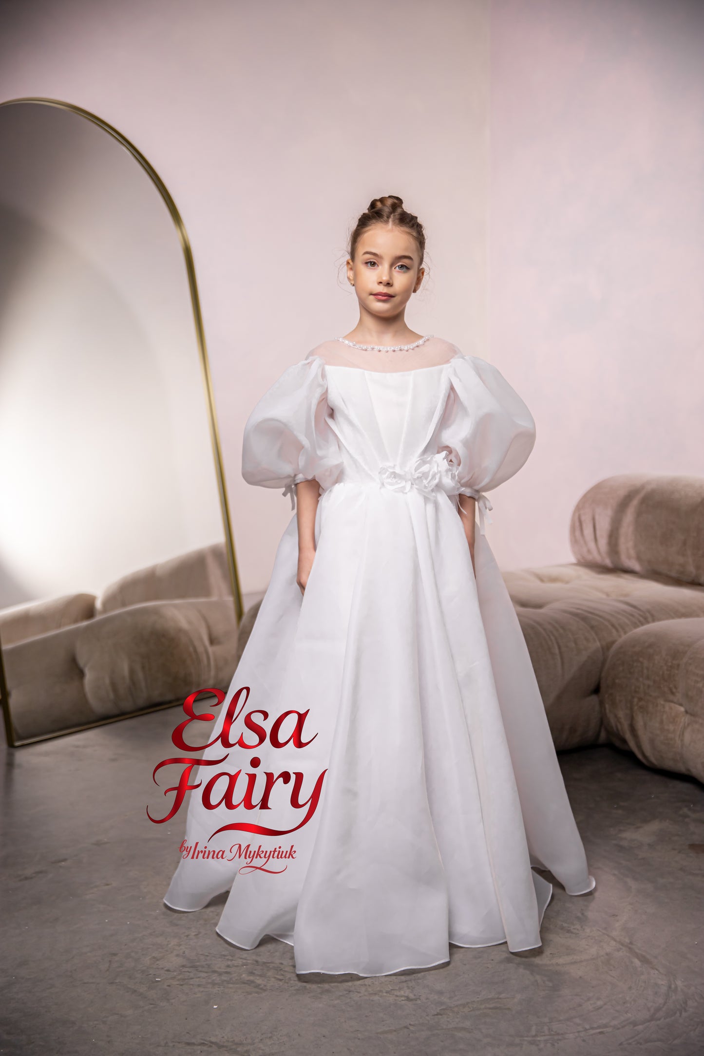White First Communion Dress: Handmade Baptism Gown with organza skirt and puffy sleeves