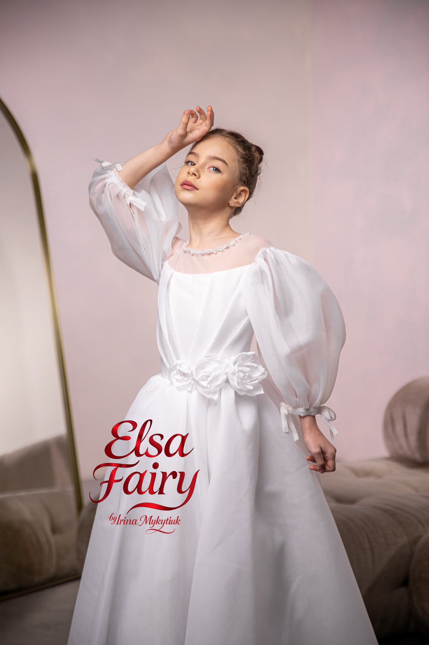 White First Communion Dress: Handmade Baptism Gown with organza skirt and puffy sleeves