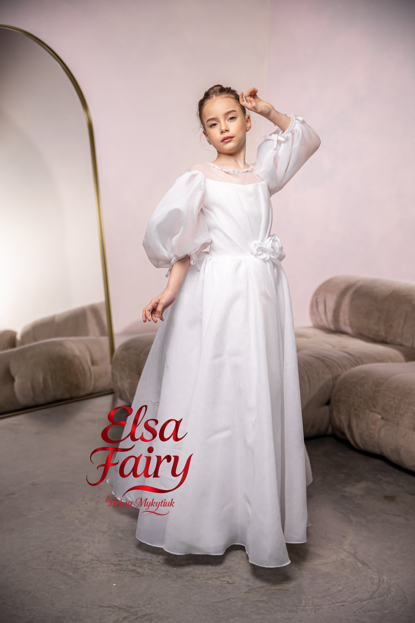 White First Communion Dress: Handmade Baptism Gown with organza skirt and puffy sleeves
