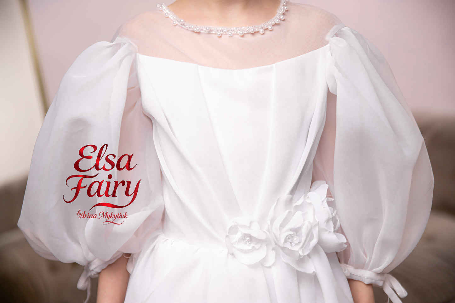 White First Communion Dress: Handmade Baptism Gown with organza skirt and puffy sleeves