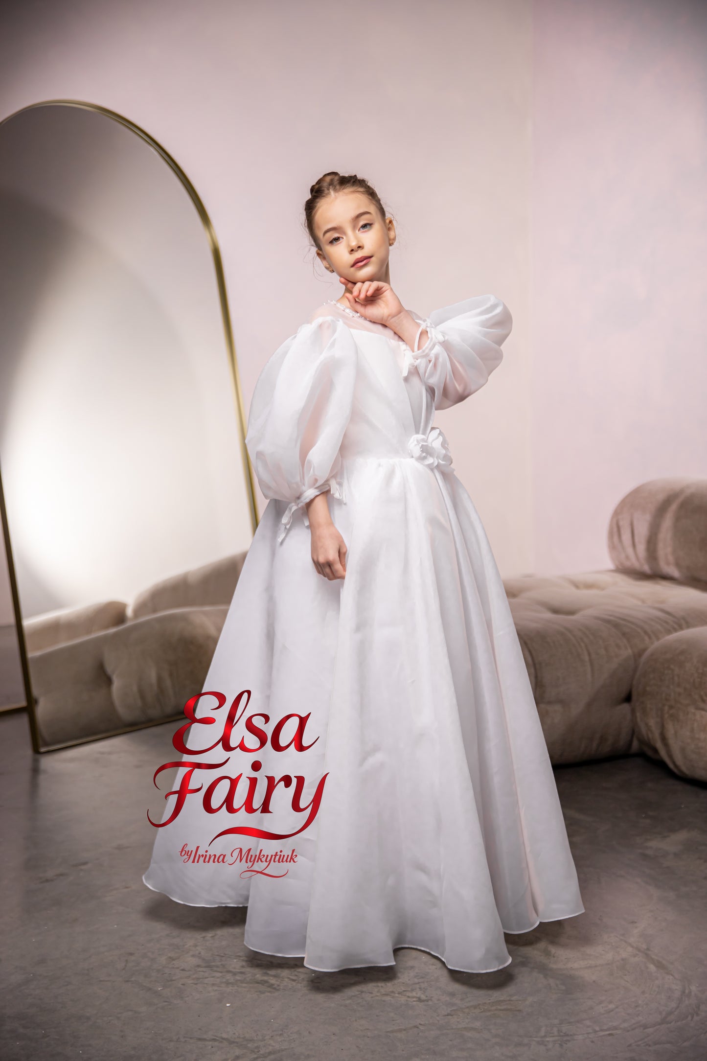 White First Communion Dress: Handmade Baptism Gown with organza skirt and puffy sleeves