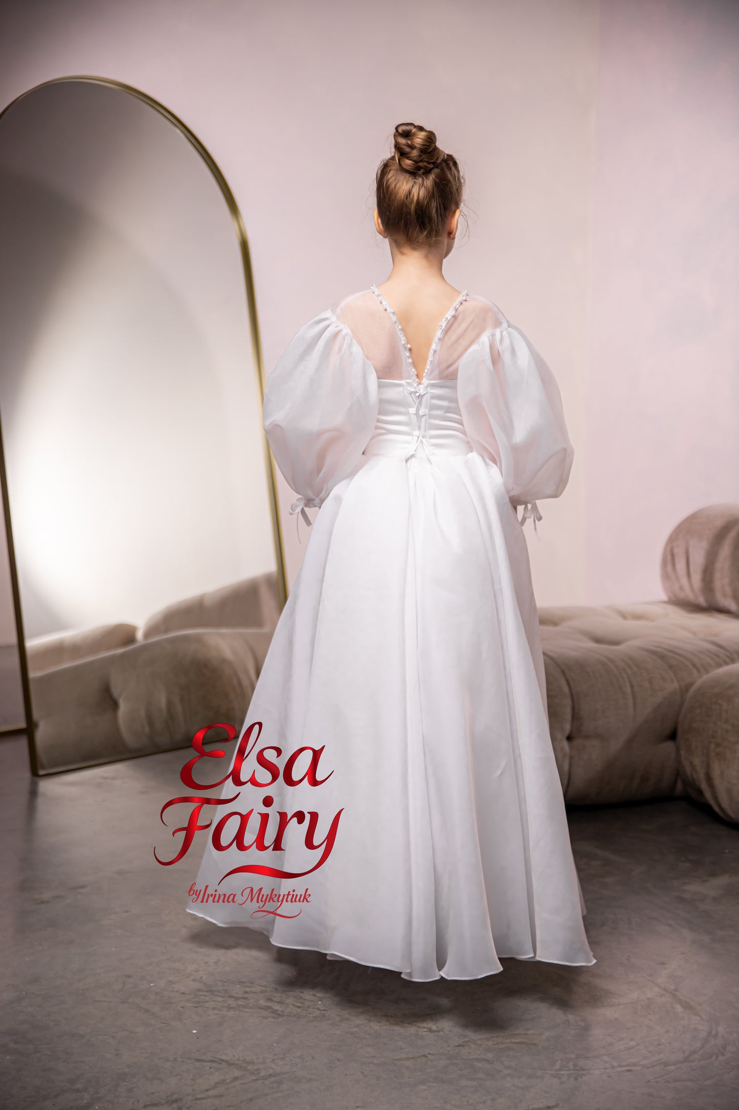 White First Communion Dress: Handmade Baptism Gown with organza skirt and puffy sleeves
