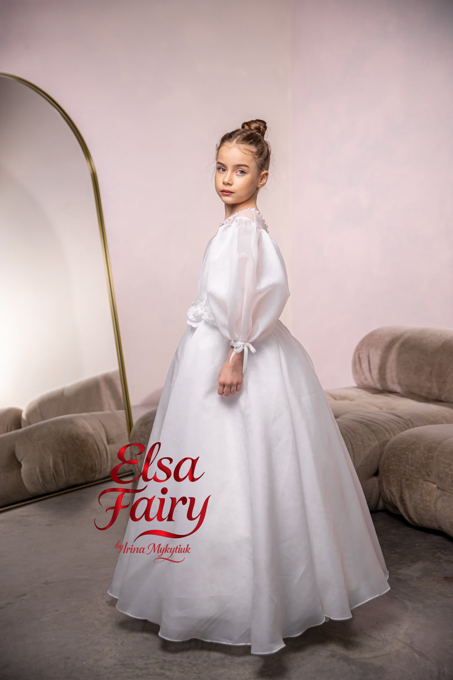 White First Communion Dress: Handmade Baptism Gown with organza skirt and puffy sleeves