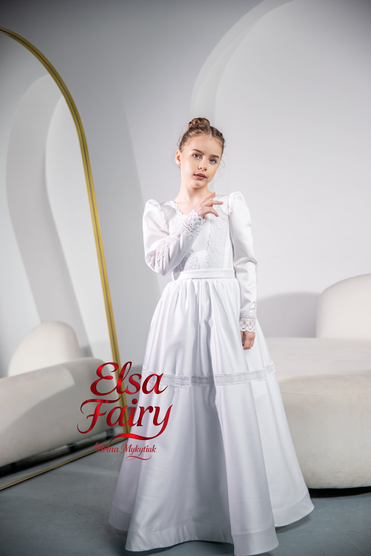 White First Communion Dress: Handmade Baptism Gown with tulle skirt and beaded sleeves
