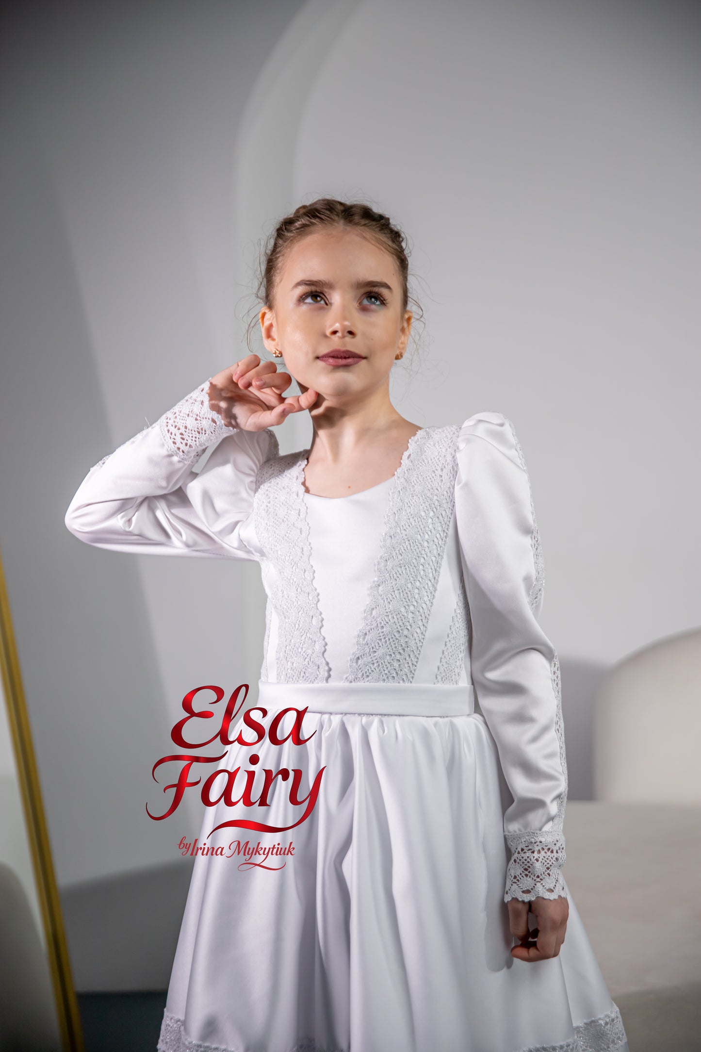 White First Communion Dress: Handmade Baptism Gown with tulle skirt and beaded sleeves