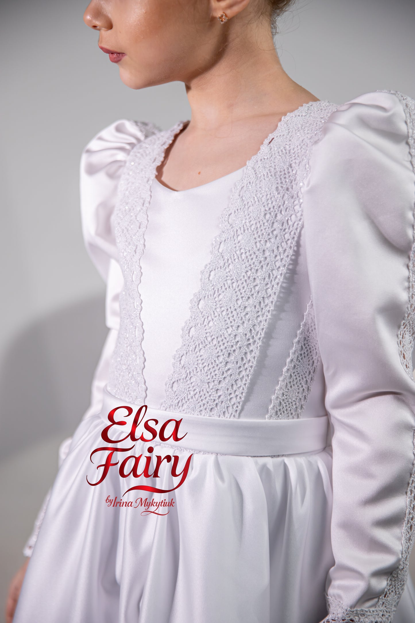 White First Communion Dress: Handmade Baptism Gown with tulle skirt and beaded sleeves