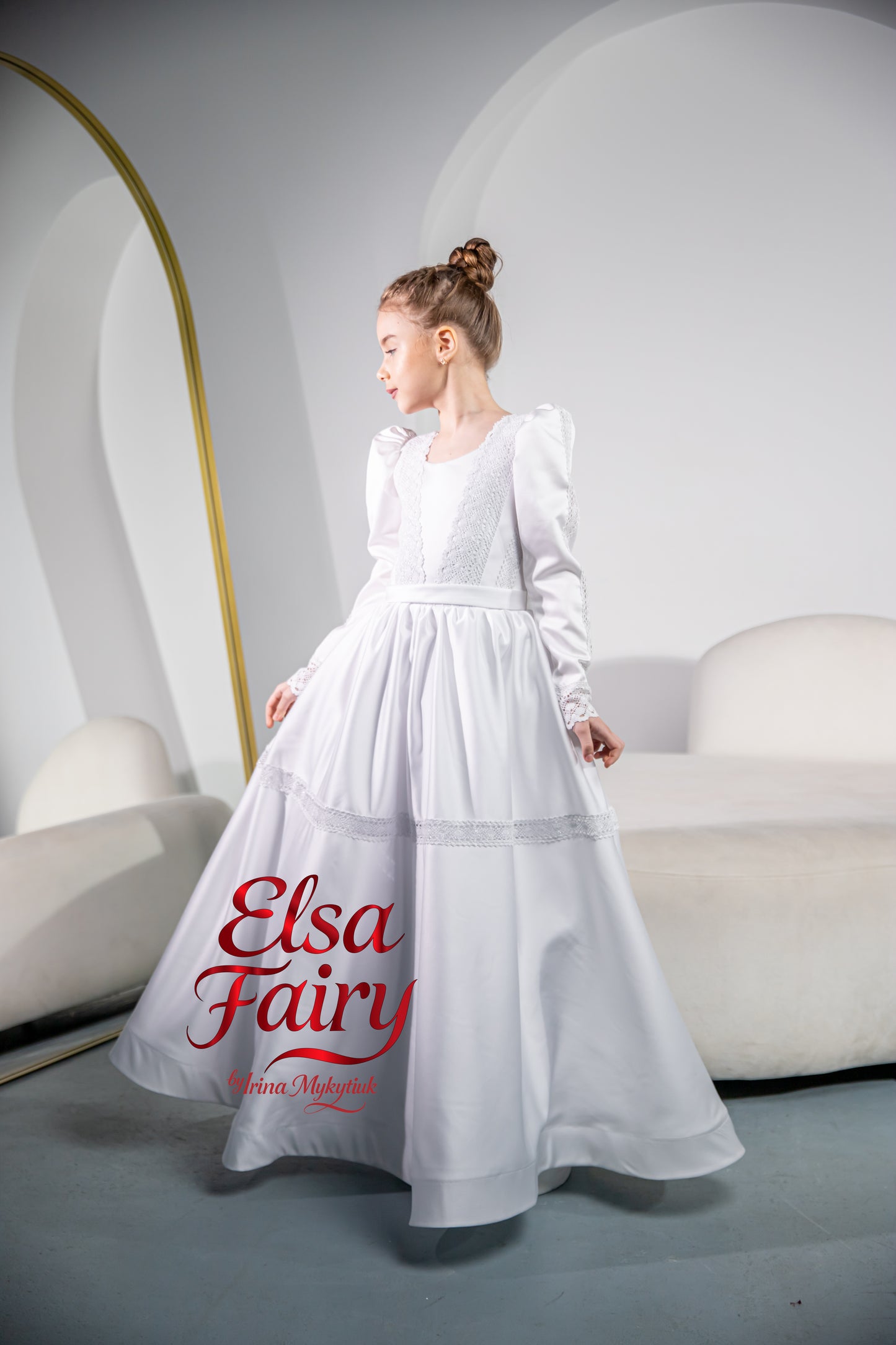 White First Communion Dress: Handmade Baptism Gown with tulle skirt and beaded sleeves