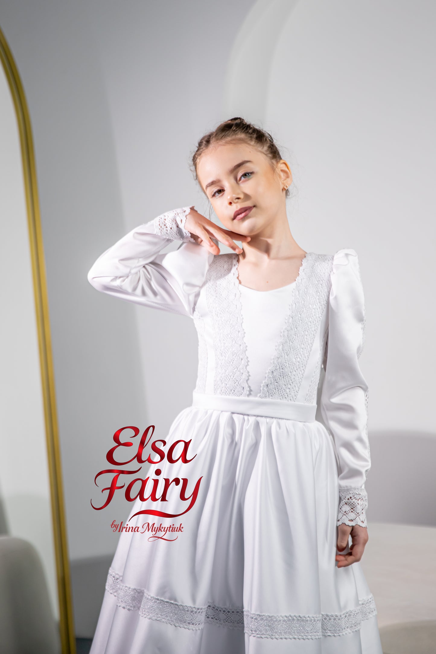 White First Communion Dress: Handmade Baptism Gown with tulle skirt and beaded sleeves