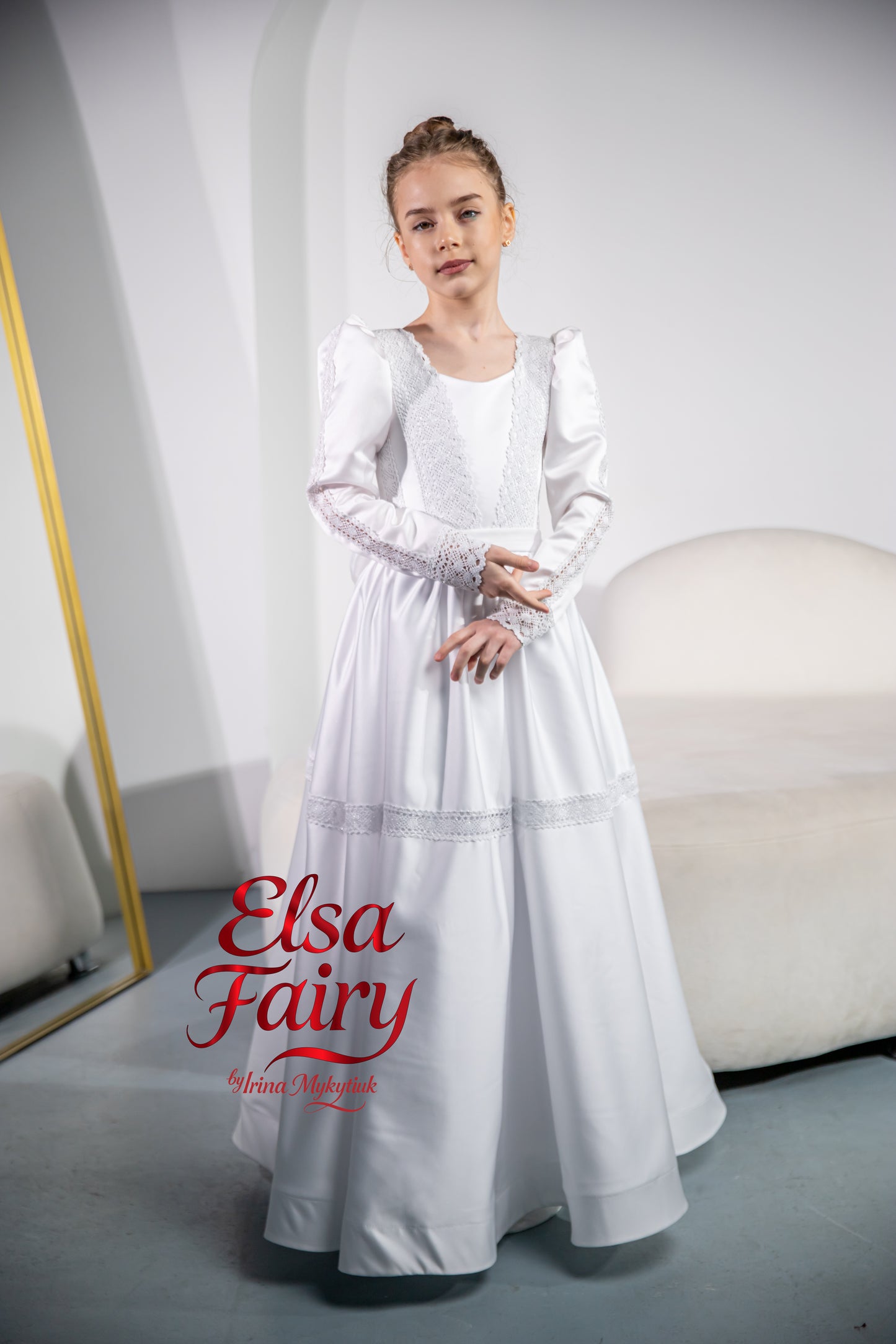 White First Communion Dress: Handmade Baptism Gown with tulle skirt and beaded sleeves