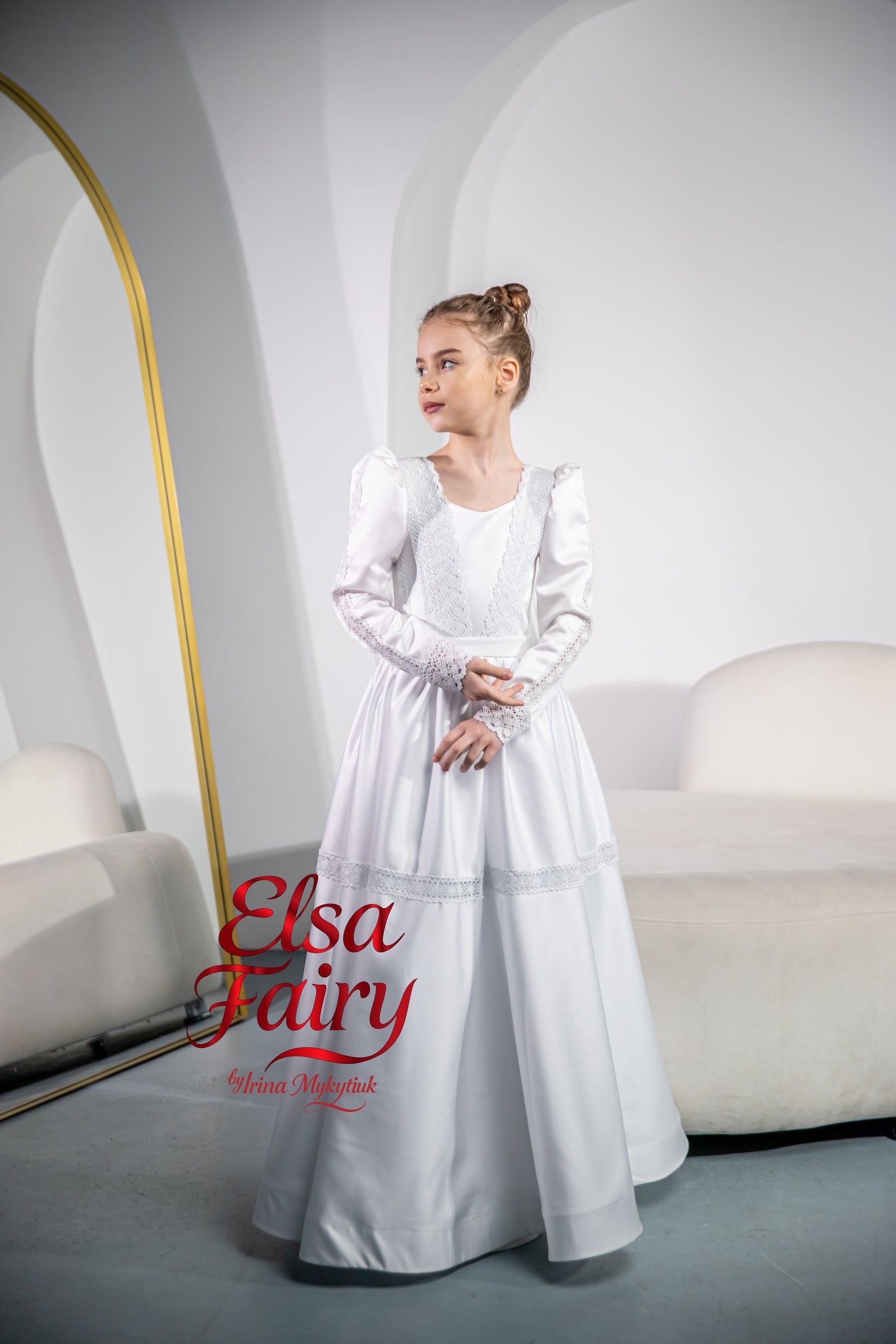 White First Communion Dress: Handmade Baptism Gown with tulle skirt and beaded sleeves