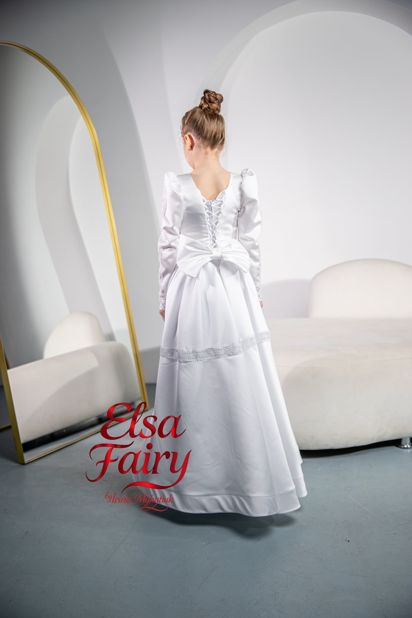White First Communion Dress: Handmade Baptism Gown with tulle skirt and beaded sleeves