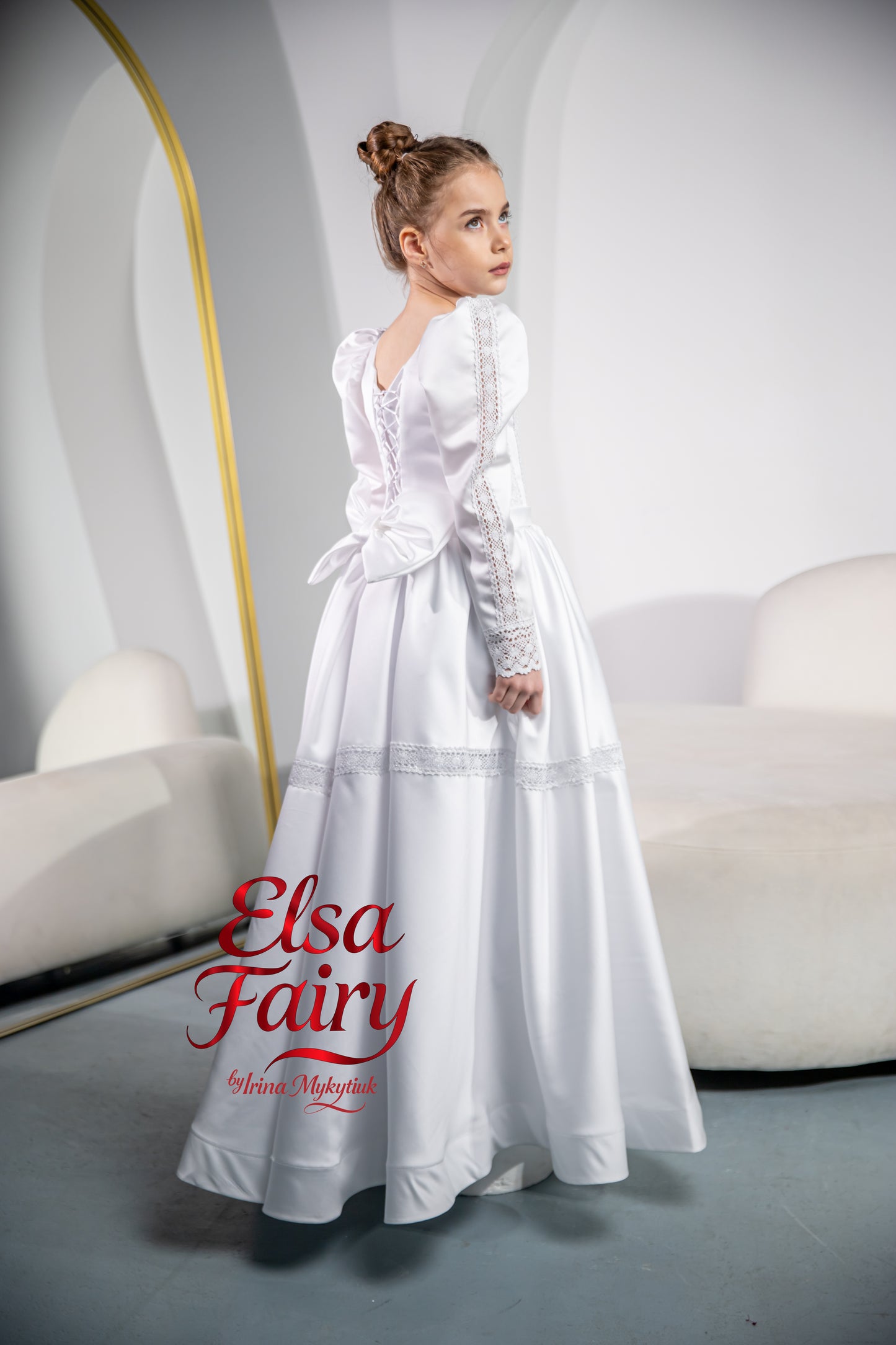 White First Communion Dress: Handmade Baptism Gown with tulle skirt and beaded sleeves