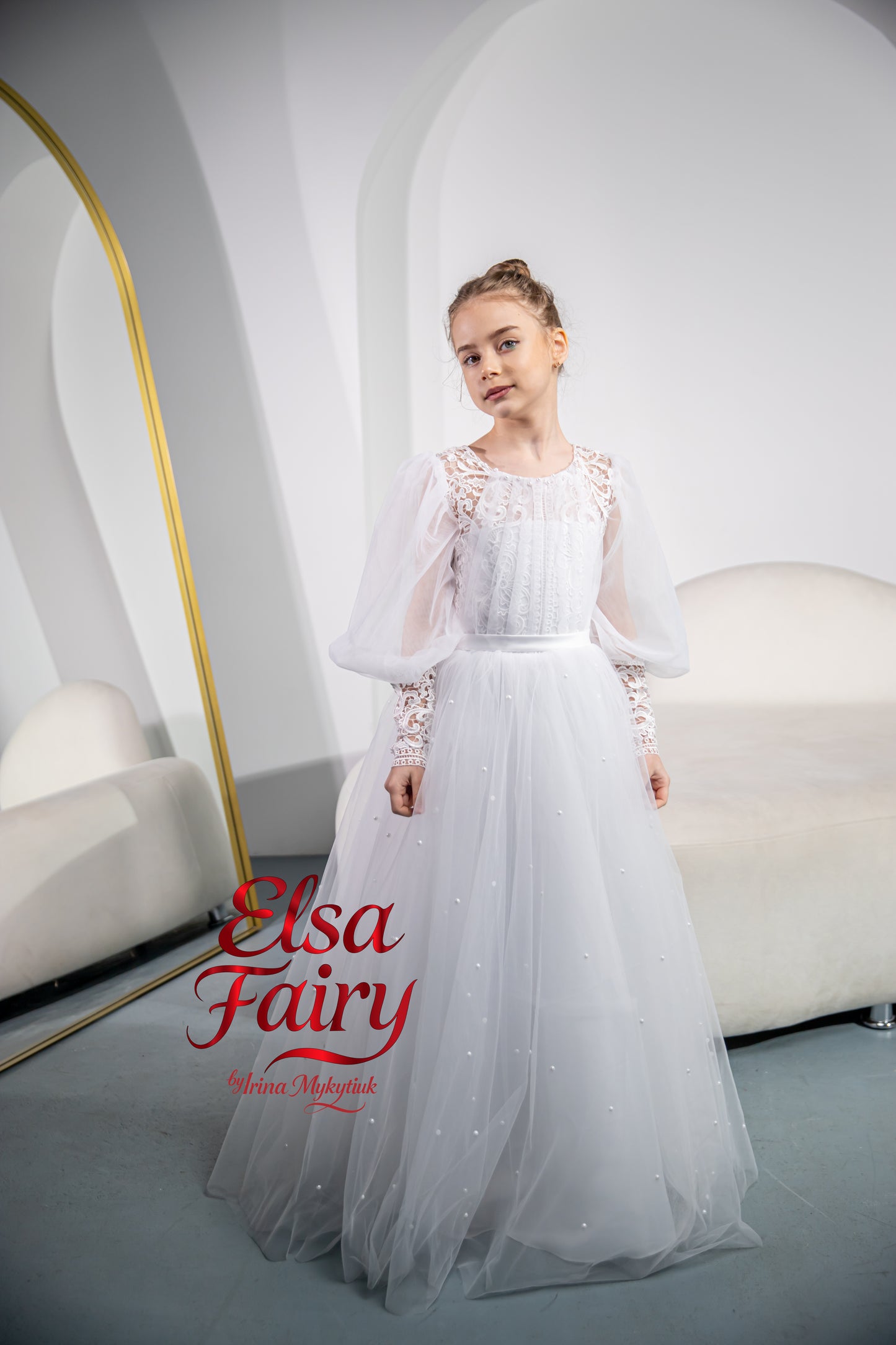 White First Communion Dress: Handmade Baptism Gown with tulle skirt and puffy sleeves