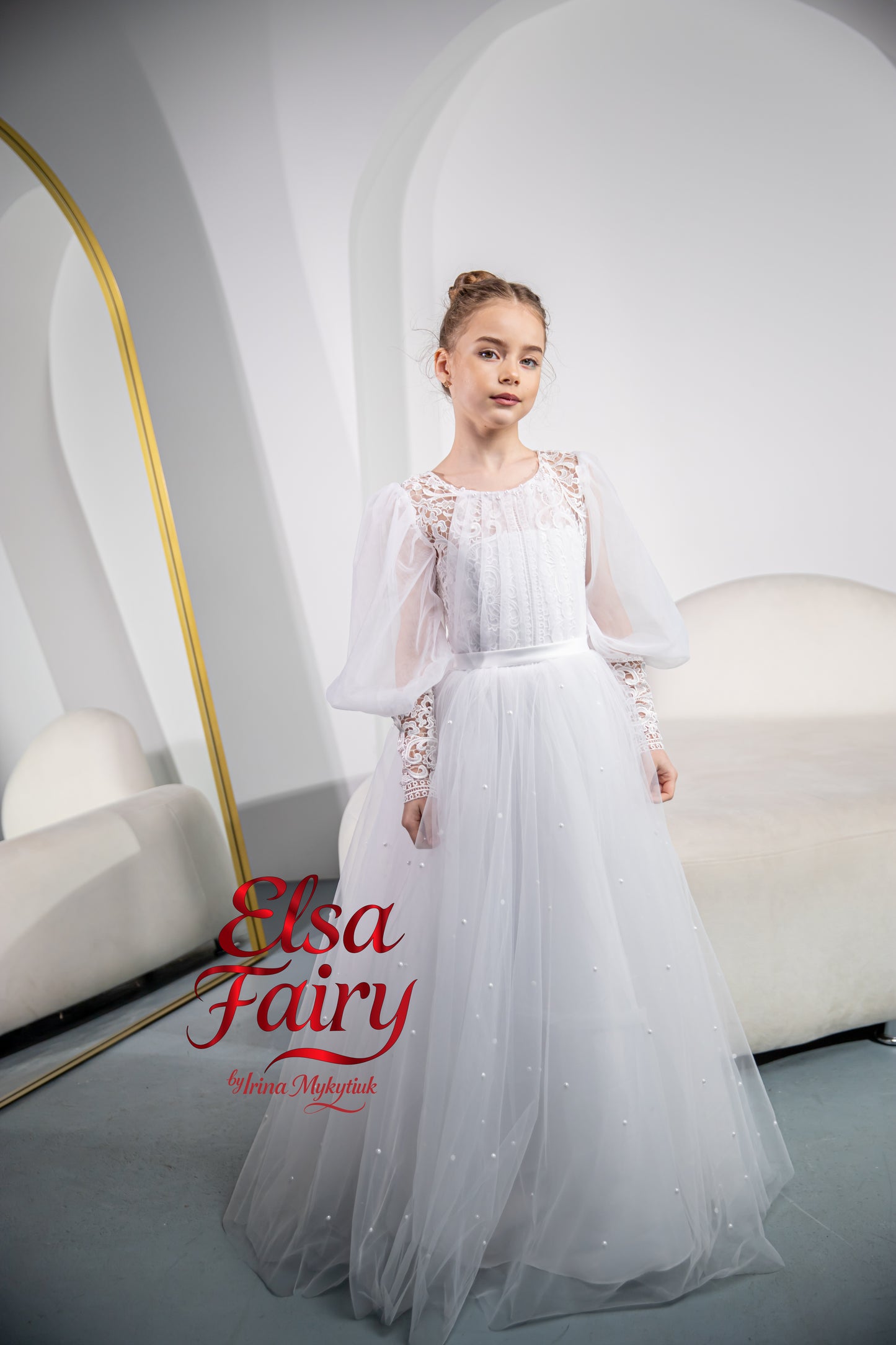 White First Communion Dress: Handmade Baptism Gown with tulle skirt and puffy sleeves
