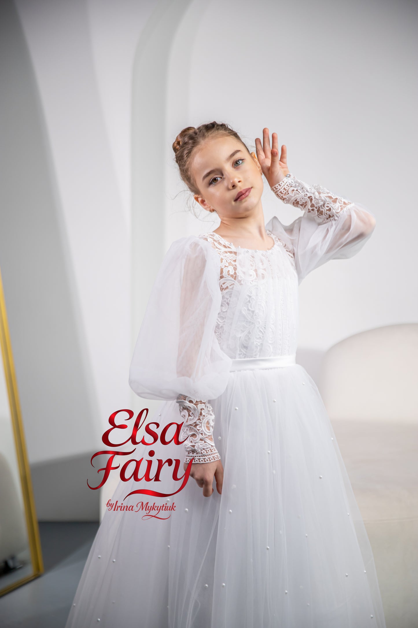White First Communion Dress: Handmade Baptism Gown with tulle skirt and puffy sleeves