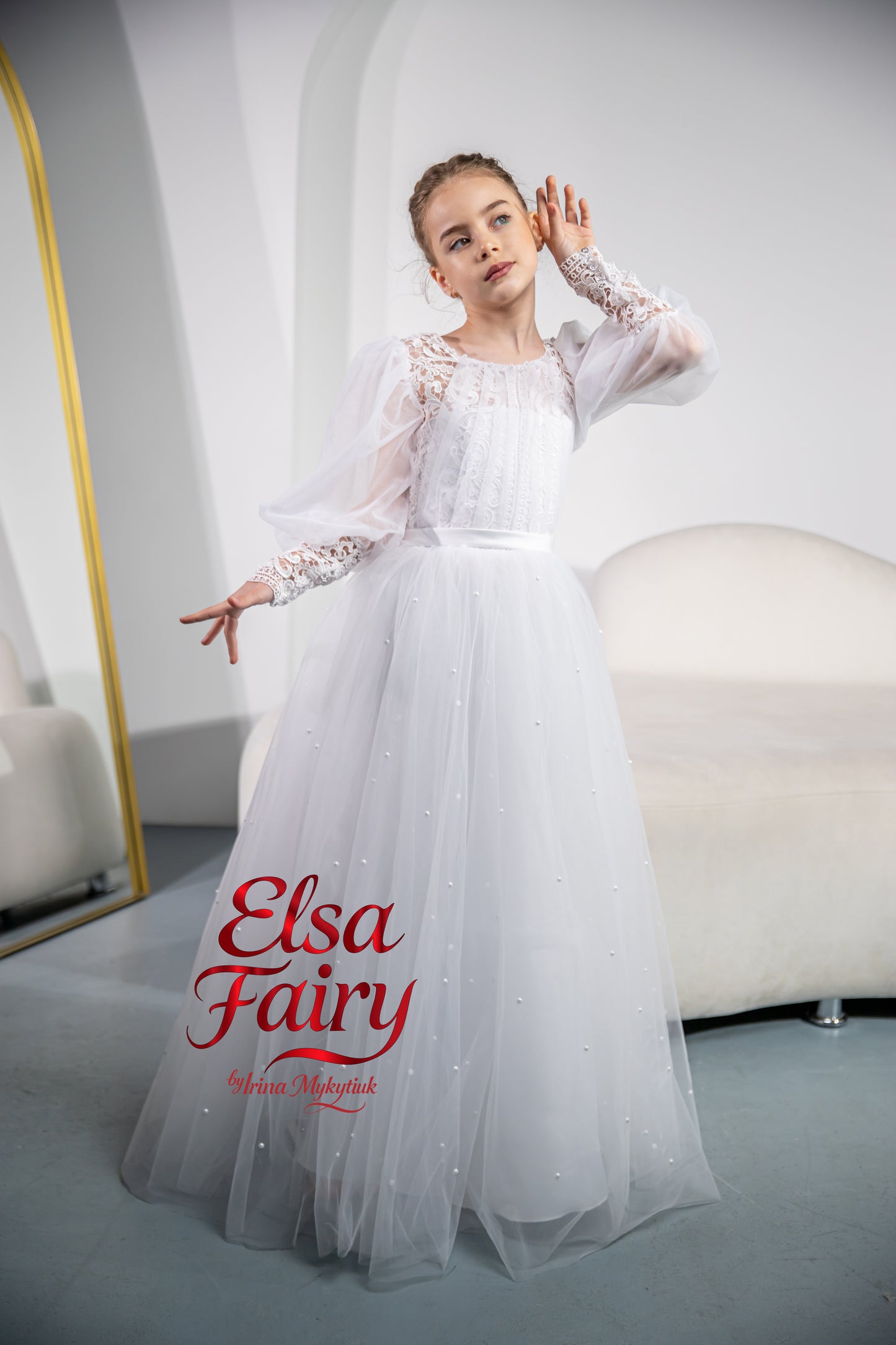White First Communion Dress: Handmade Baptism Gown with tulle skirt and puffy sleeves