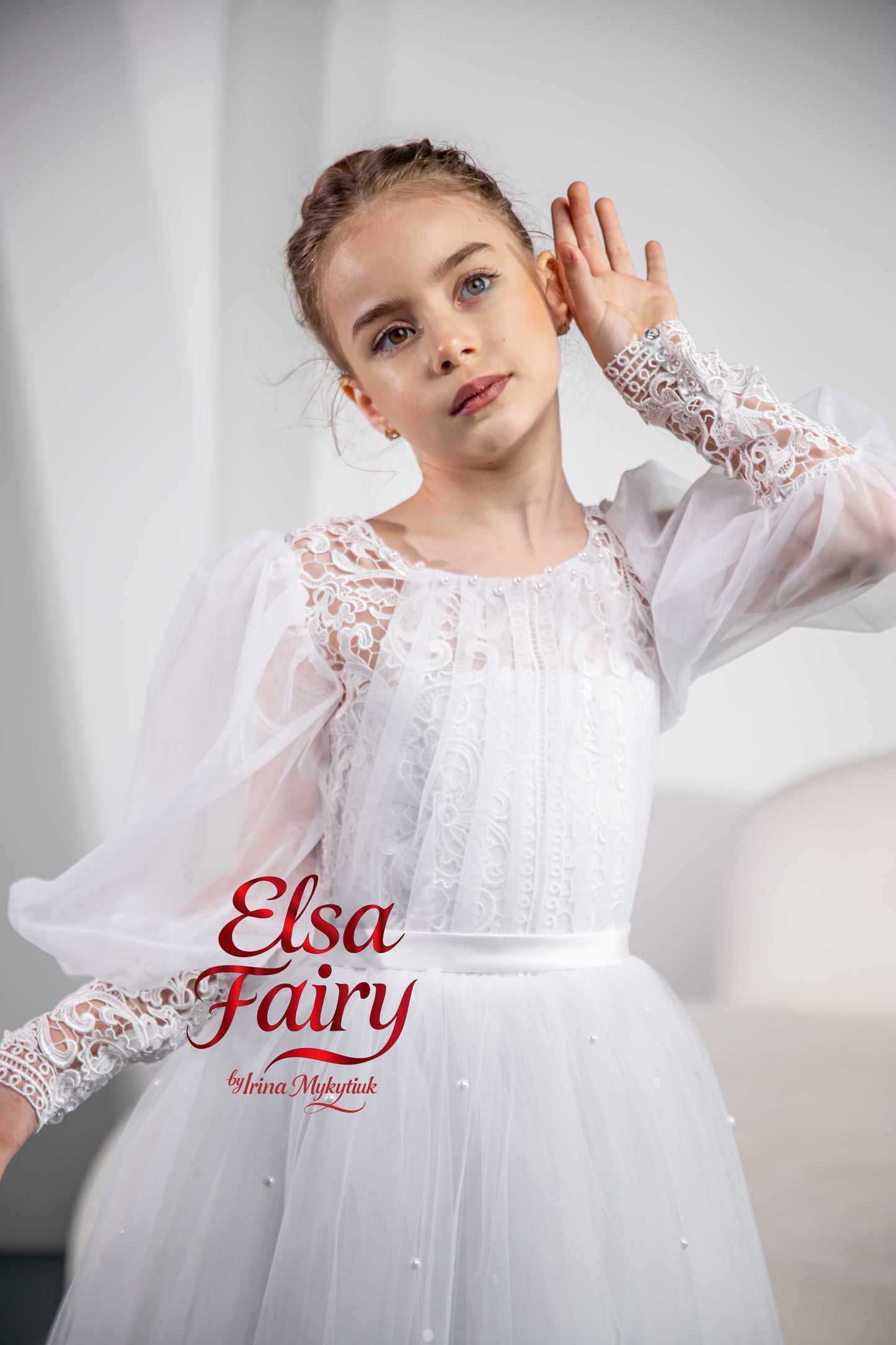 White First Communion Dress: Handmade Baptism Gown with tulle skirt and puffy sleeves
