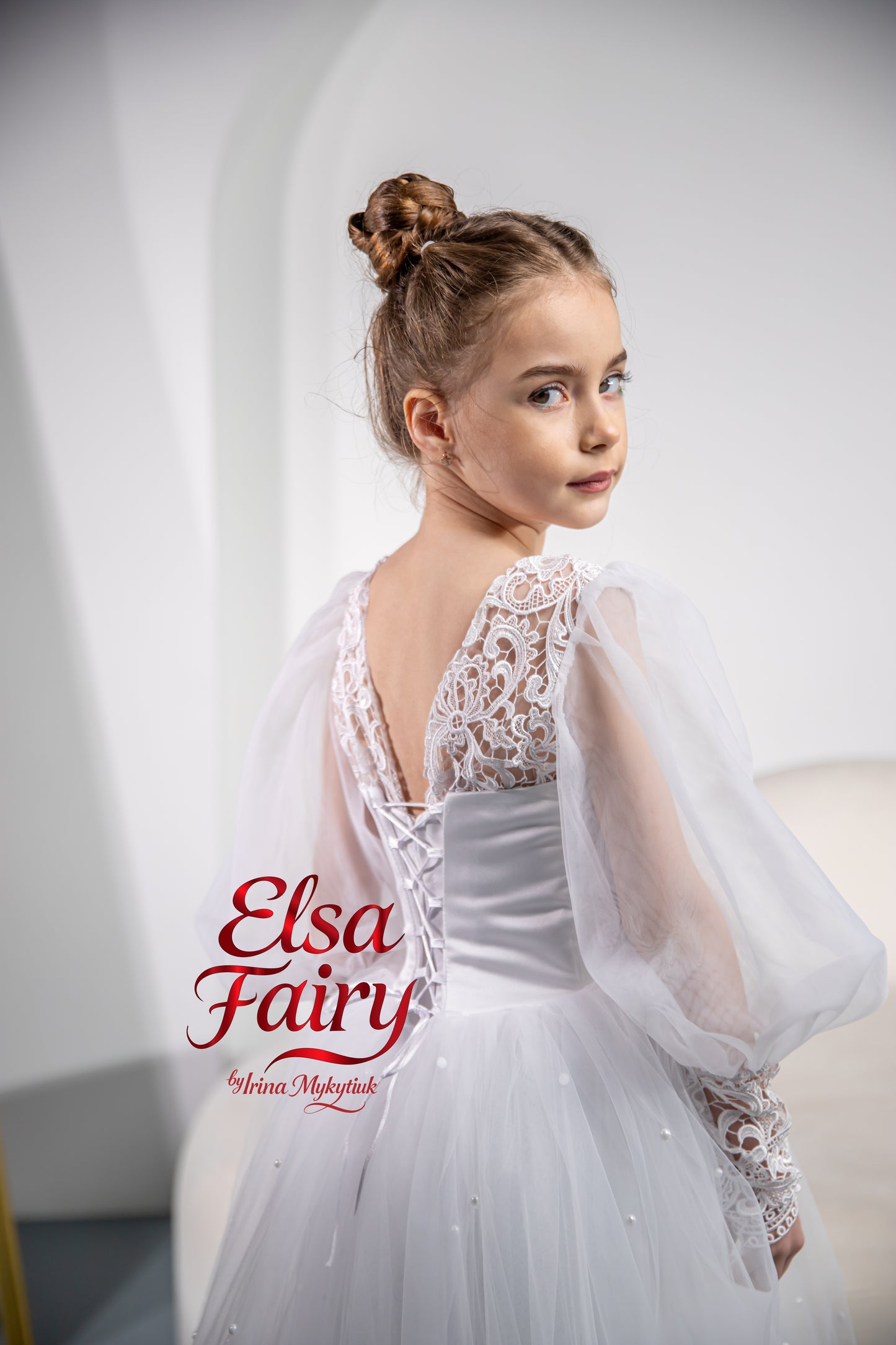 White First Communion Dress: Handmade Baptism Gown with tulle skirt and puffy sleeves