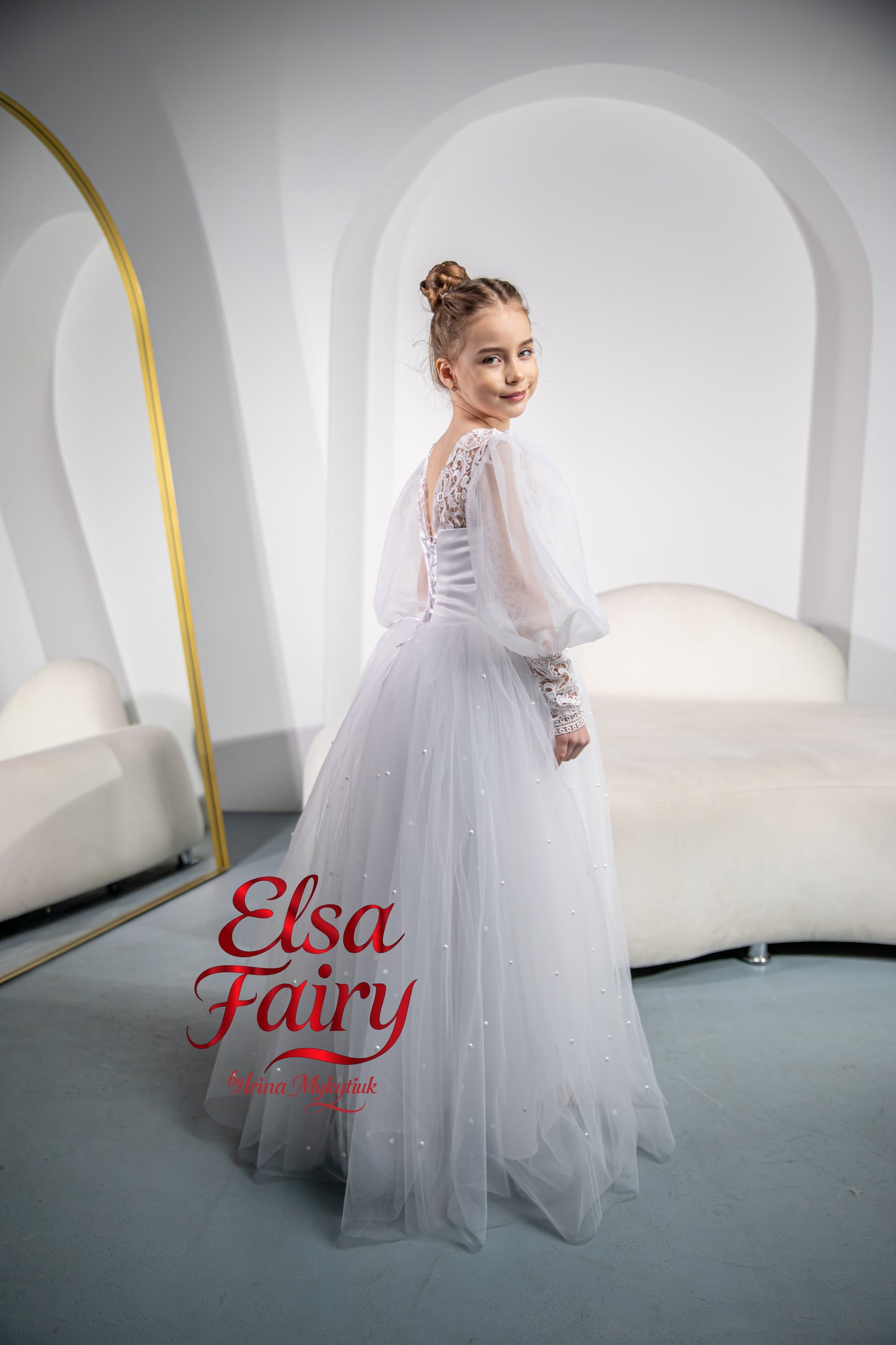 White First Communion Dress: Handmade Baptism Gown with tulle skirt and puffy sleeves