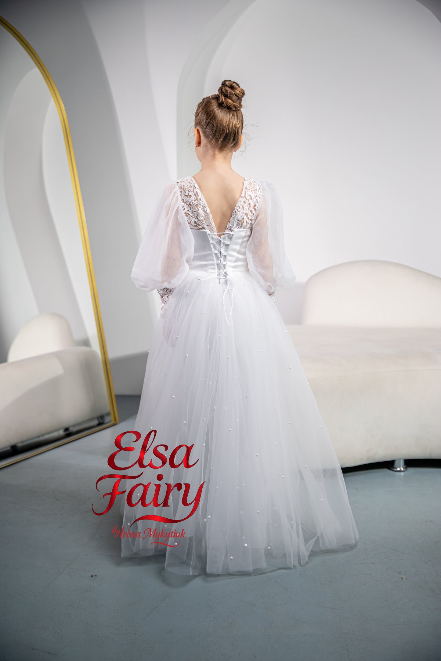 White First Communion Dress: Handmade Baptism Gown with tulle skirt and puffy sleeves
