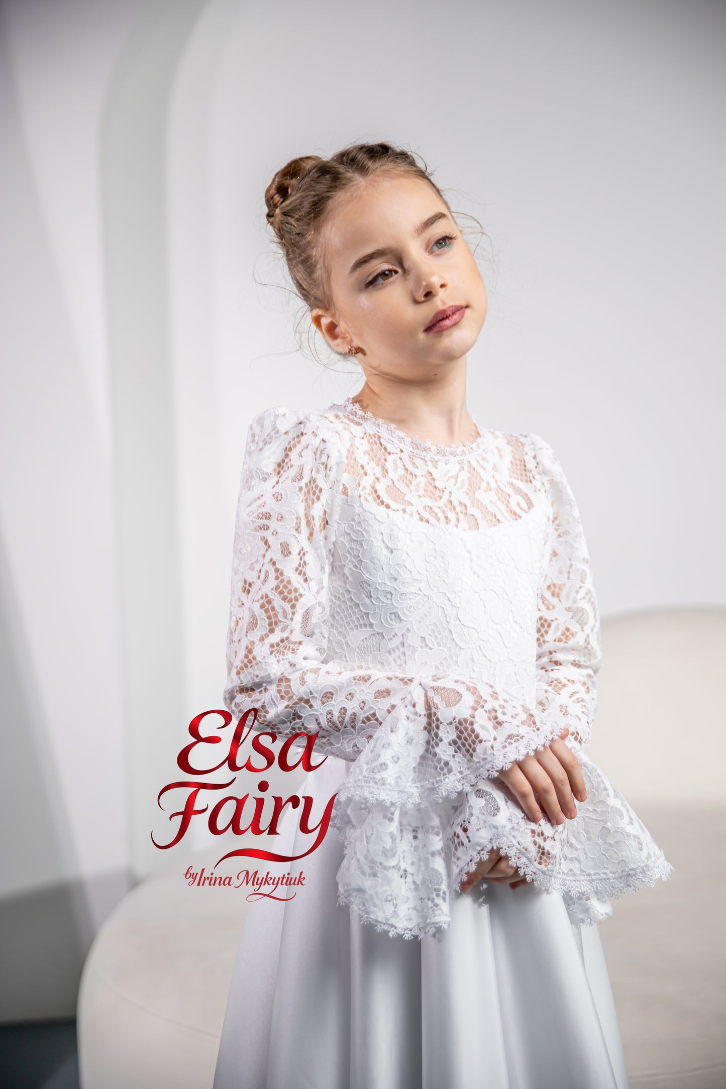 White First Communion Dress: Handmade Baptism Gown with satin skirt and laced bodice