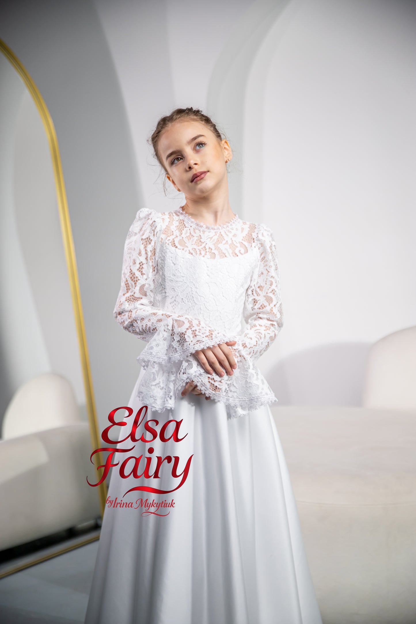 White First Communion Dress: Handmade Baptism Gown with satin skirt and laced bodice